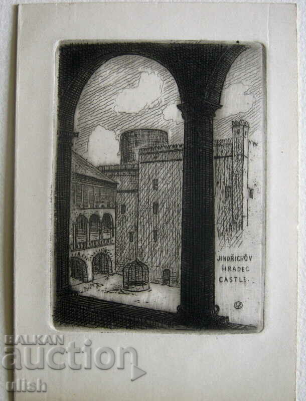 1950 etching card Jindrichuv hradec graphic drypoint
