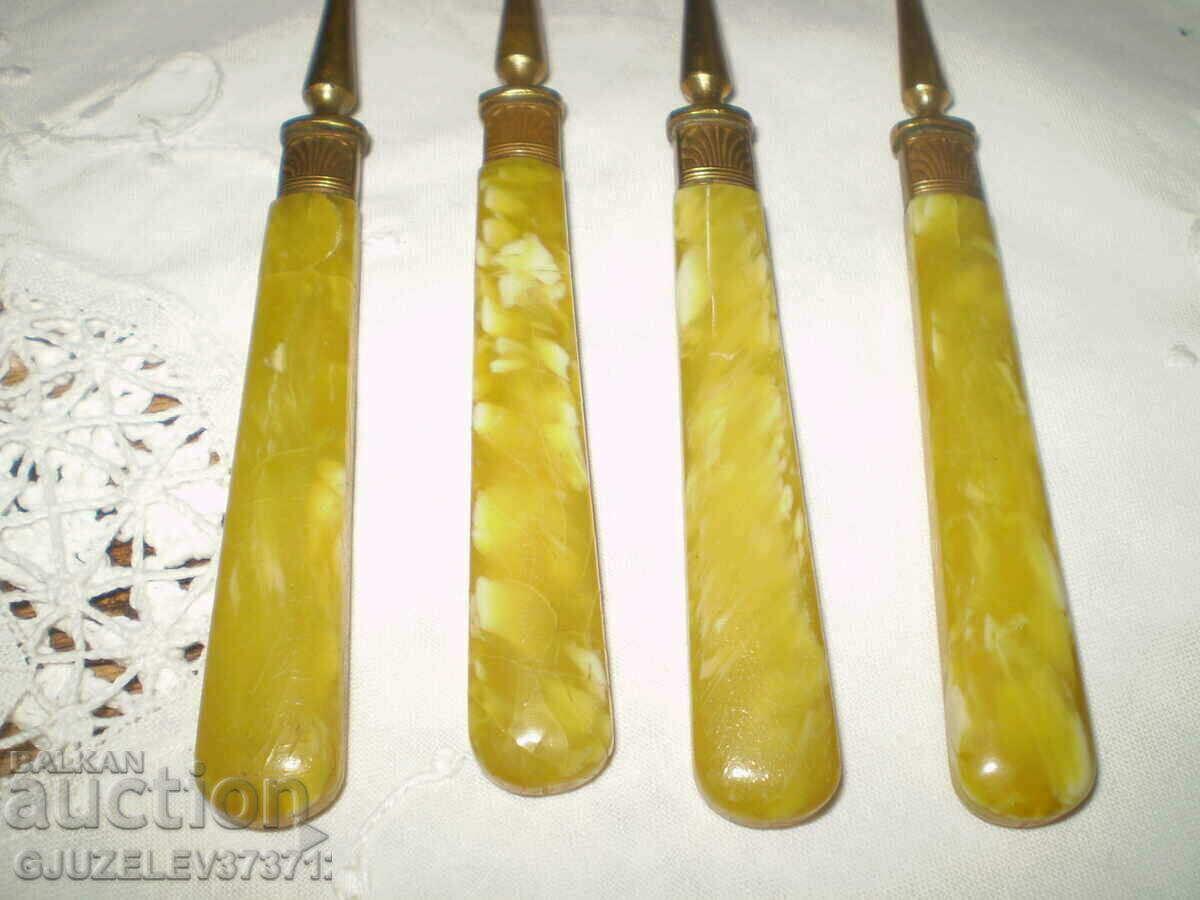 Auction  19th century 4 brass fruit forks