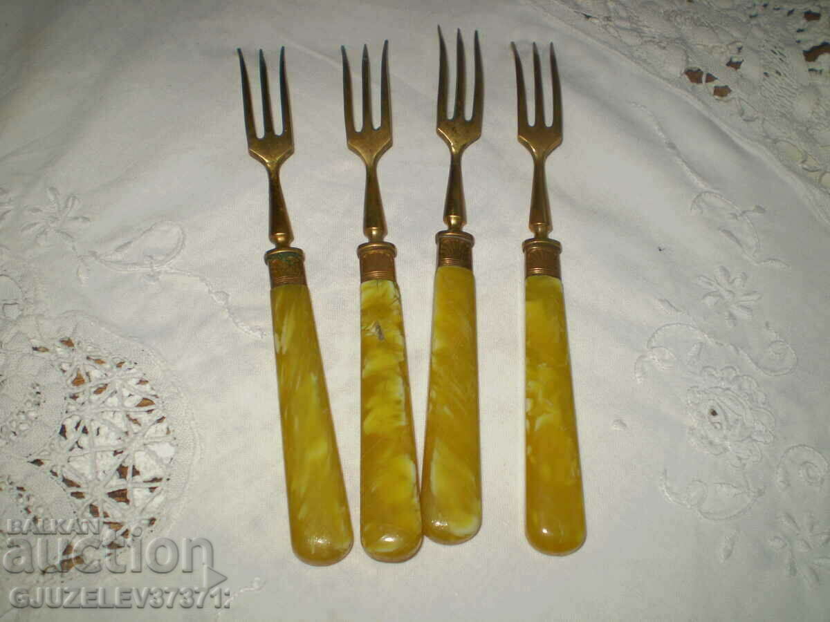 19th century 4 brass fruit forks - 6
