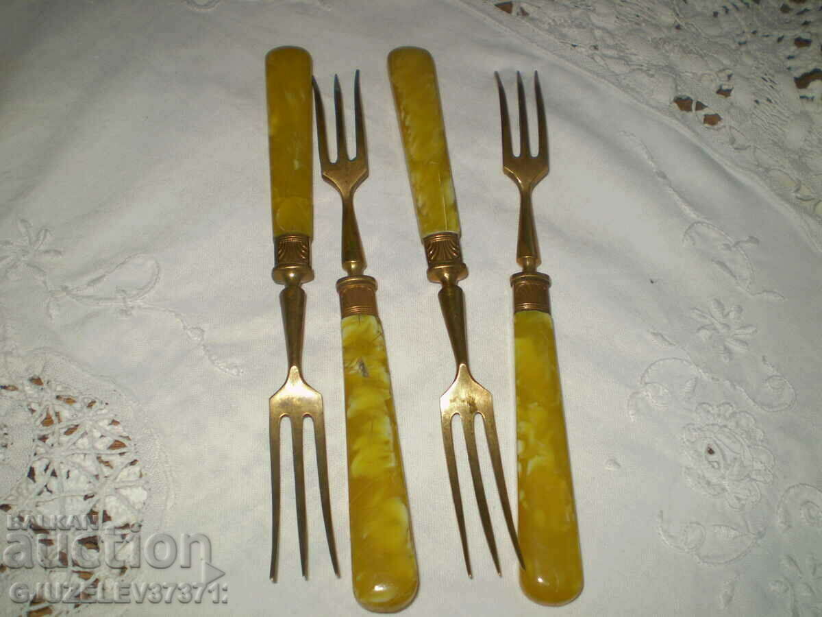 19th century 4 brass fruit forks - 7