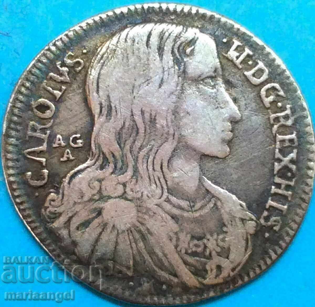 Napoli 20 boabe Tari Italia Charles II argint 26mm