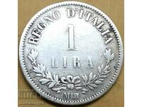 Италия 1 лира  "Digit" (Цифра) 1863 М - Милан  сребро