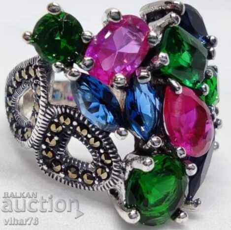Silver Ring with a bouquet of ruby stones and zirconium - 5 Silver Ring with a bouquet of ruby stones and zirconium - 5