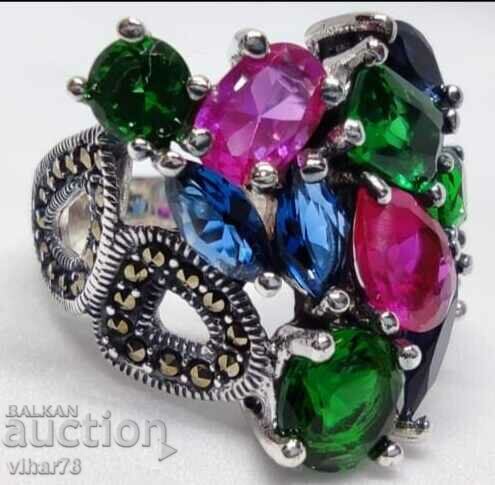 Silver Ring with a bouquet of ruby stones and zirconium - 6 Silver Ring with a bouquet of ruby stones and zirconium - 6