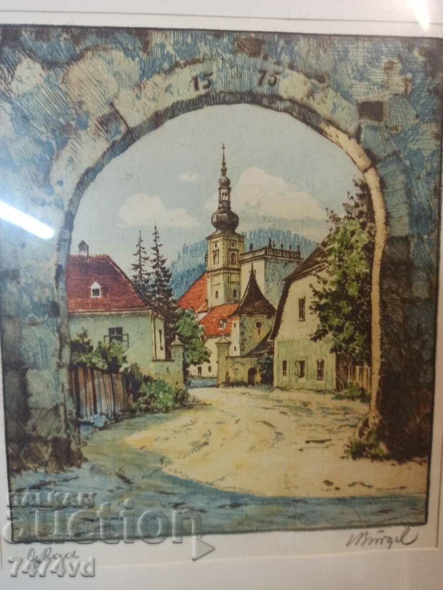 Auction Original color etching by Ludwig Buergel, Auction Original color etching by Ludwig Buergel,