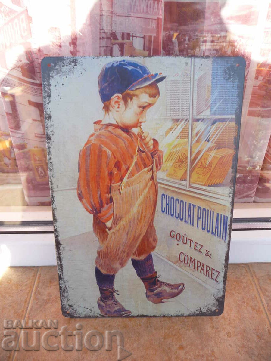 Metal sign food chocolate boy shop window Gavroche shop with price 18.00 BGN | € 9.20 Metal sign food chocolate boy shop window Gavroche shop with price 18.00 BGN | € 9.20