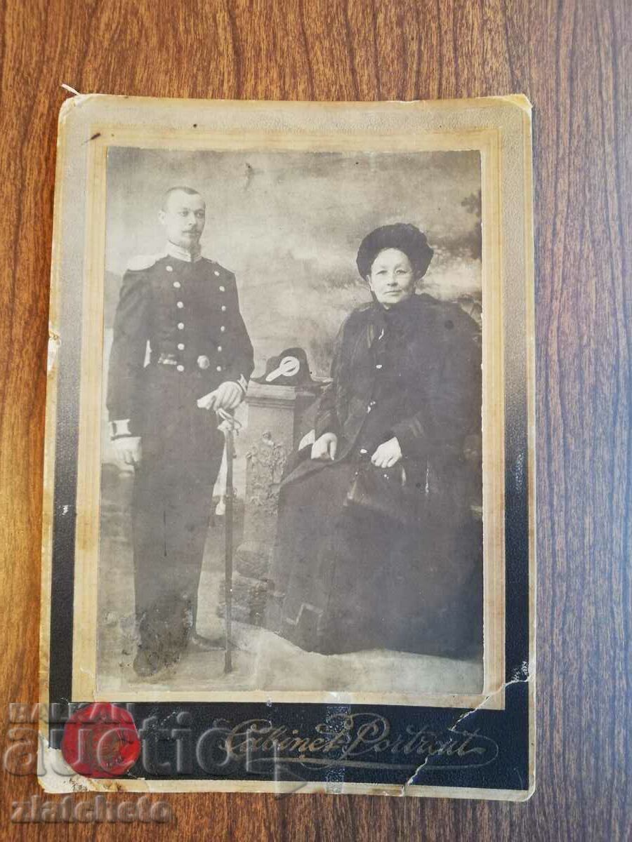 Стара снимка картон - Военен и жена