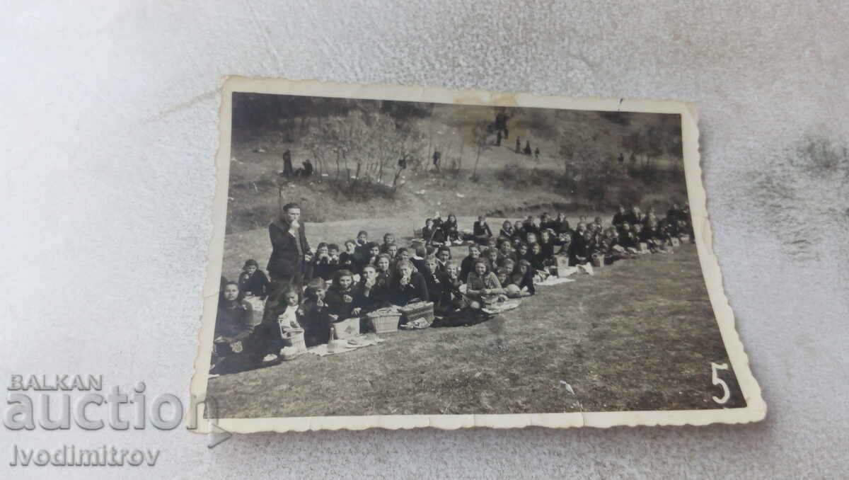 Photo Young men and women on a picnic in the meadow