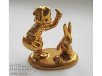 Old statuette figure girl and rabbit gilded porcelain 1930