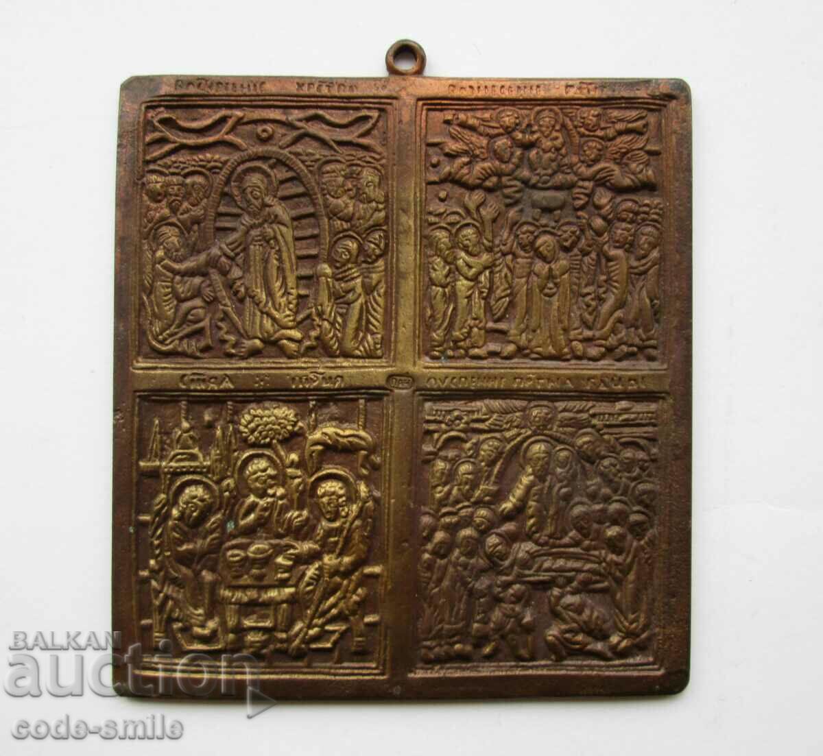 Old author's bronze icon icon with 4 religious scenes