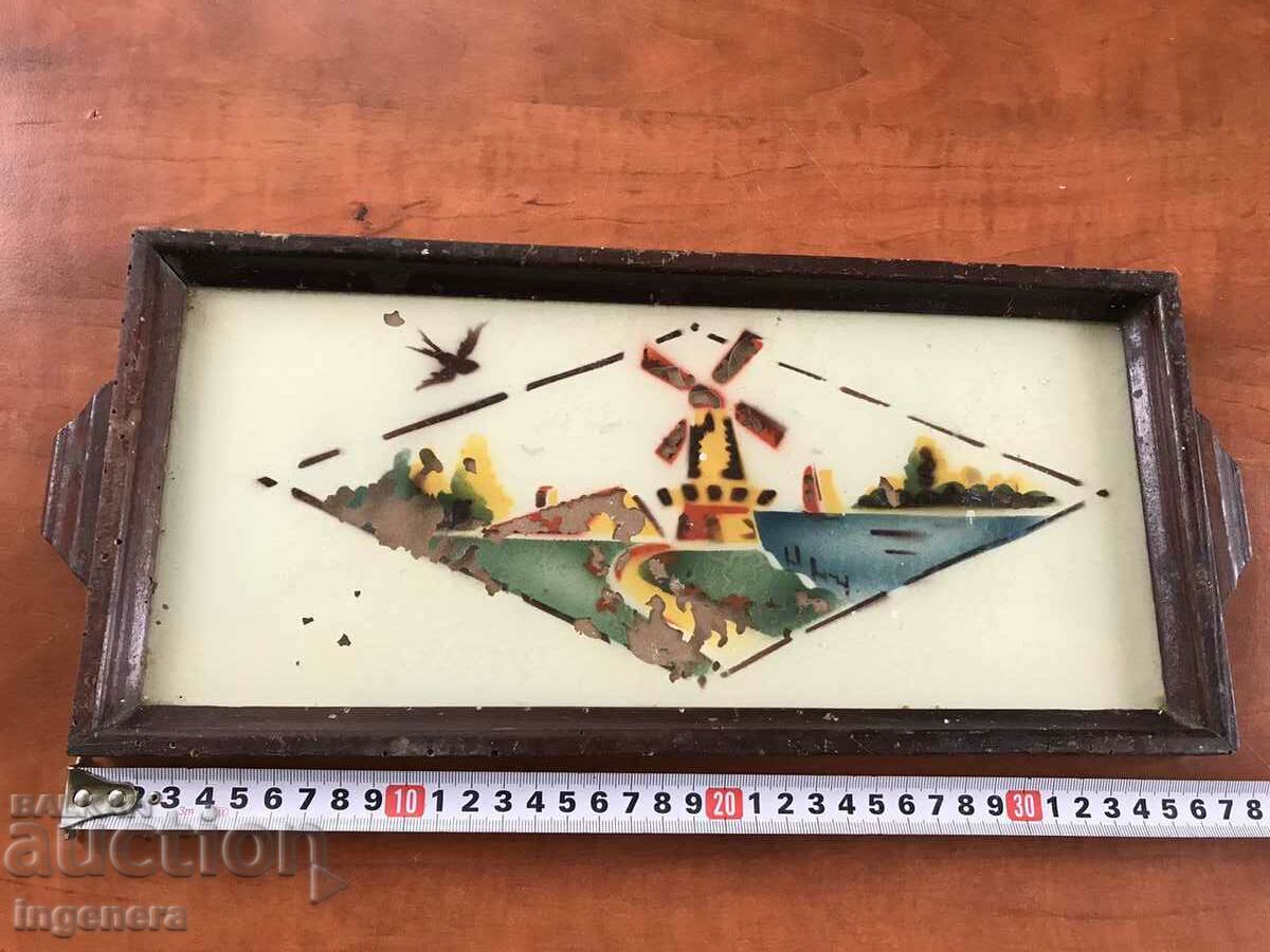 TRAY ANTIQUE GLASS PAINTED WOODEN FRAME