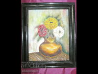 Pictura - ulei, carton, vaza cu flori, 30x25 cm.
