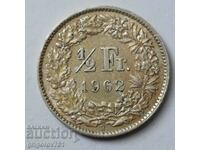 1/2 Franc Silver Switzerland 1962 B - Silver Coin #57