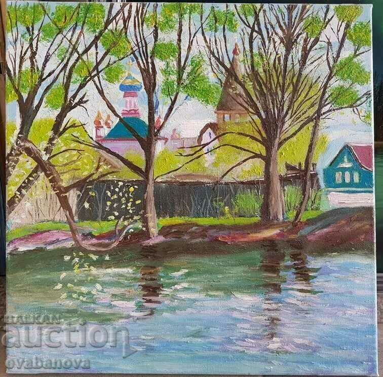 Painting with Russian church, monastery, river, oil paints with price 20.00 BGN | € 10.23 Painting with Russian church, monastery, river, oil paints with price 20.00 BGN | € 10.23