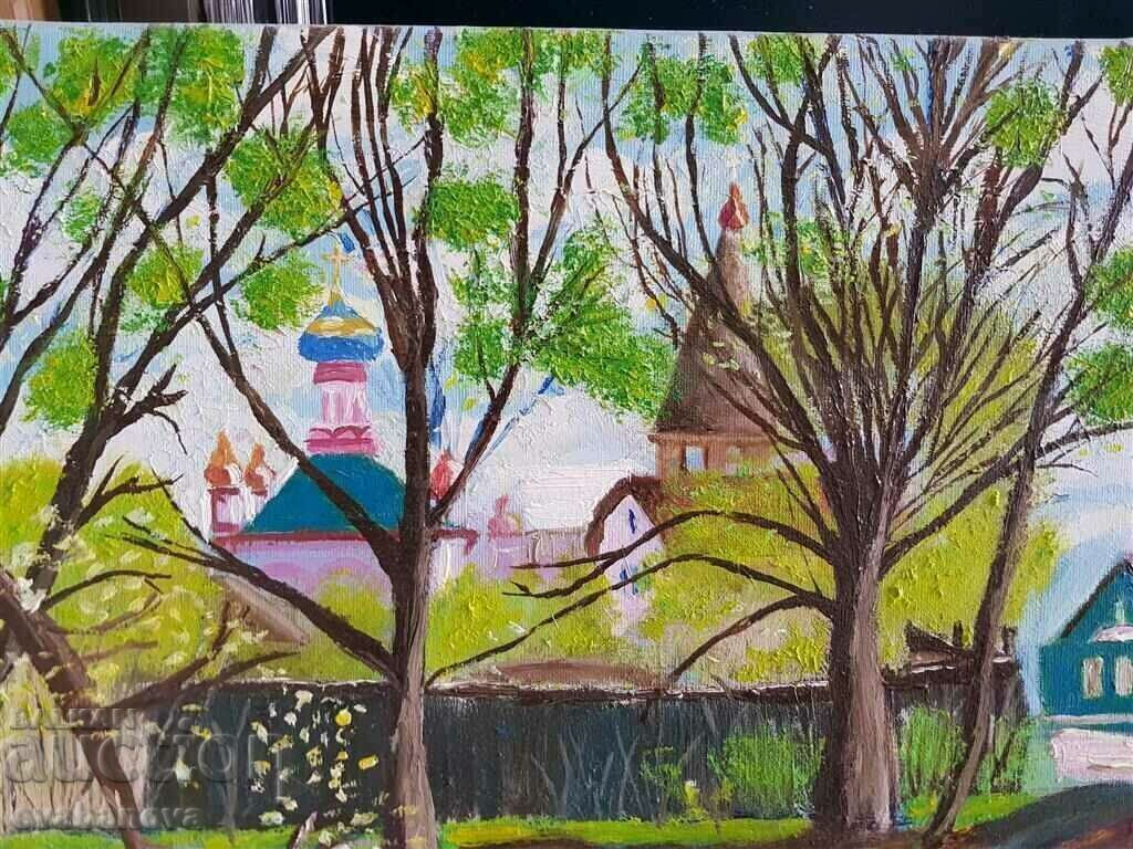 Auction Painting with Russian church, monastery, river, oil paints Auction Painting with Russian church, monastery, river, oil paints