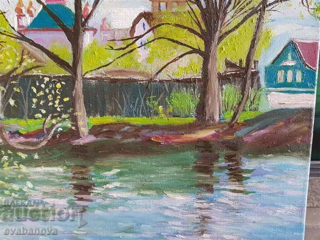 Delivery of Painting with Russian church, monastery, river, oil paints Delivery of Painting with Russian church, monastery, river, oil paints