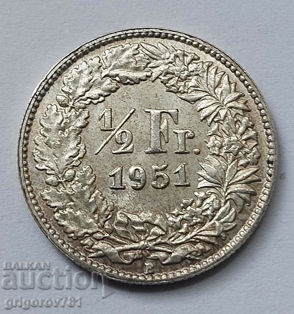 1/2 Franc Silver Switzerland 1951 B - Silver Coin #168