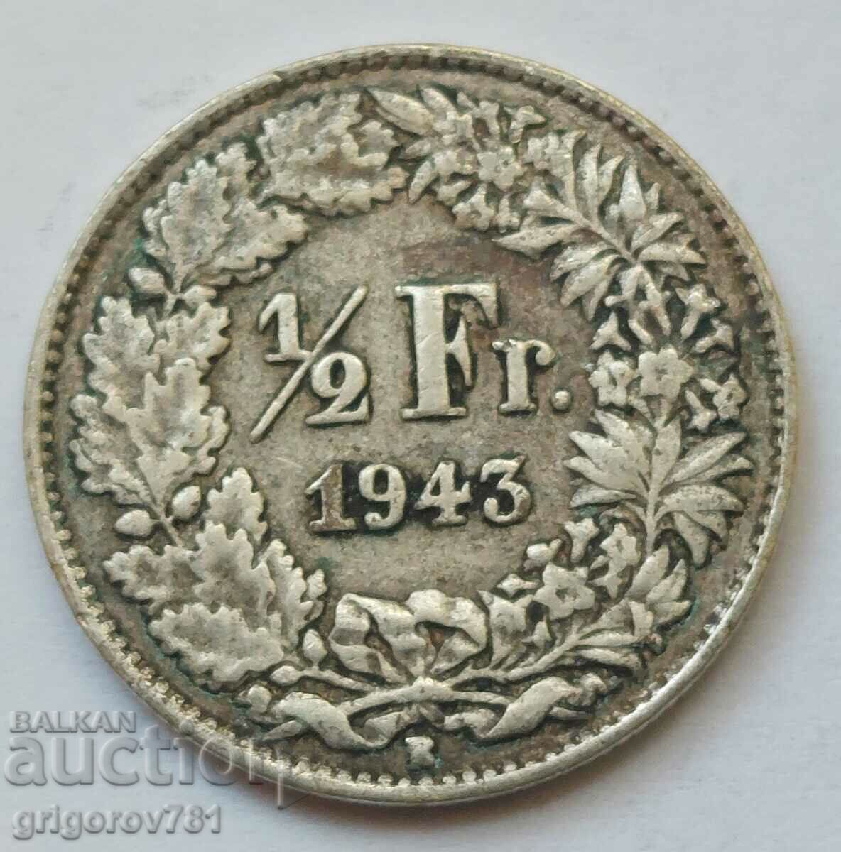 1/2 Franc Silver Switzerland 1943 B - Silver Coin #176