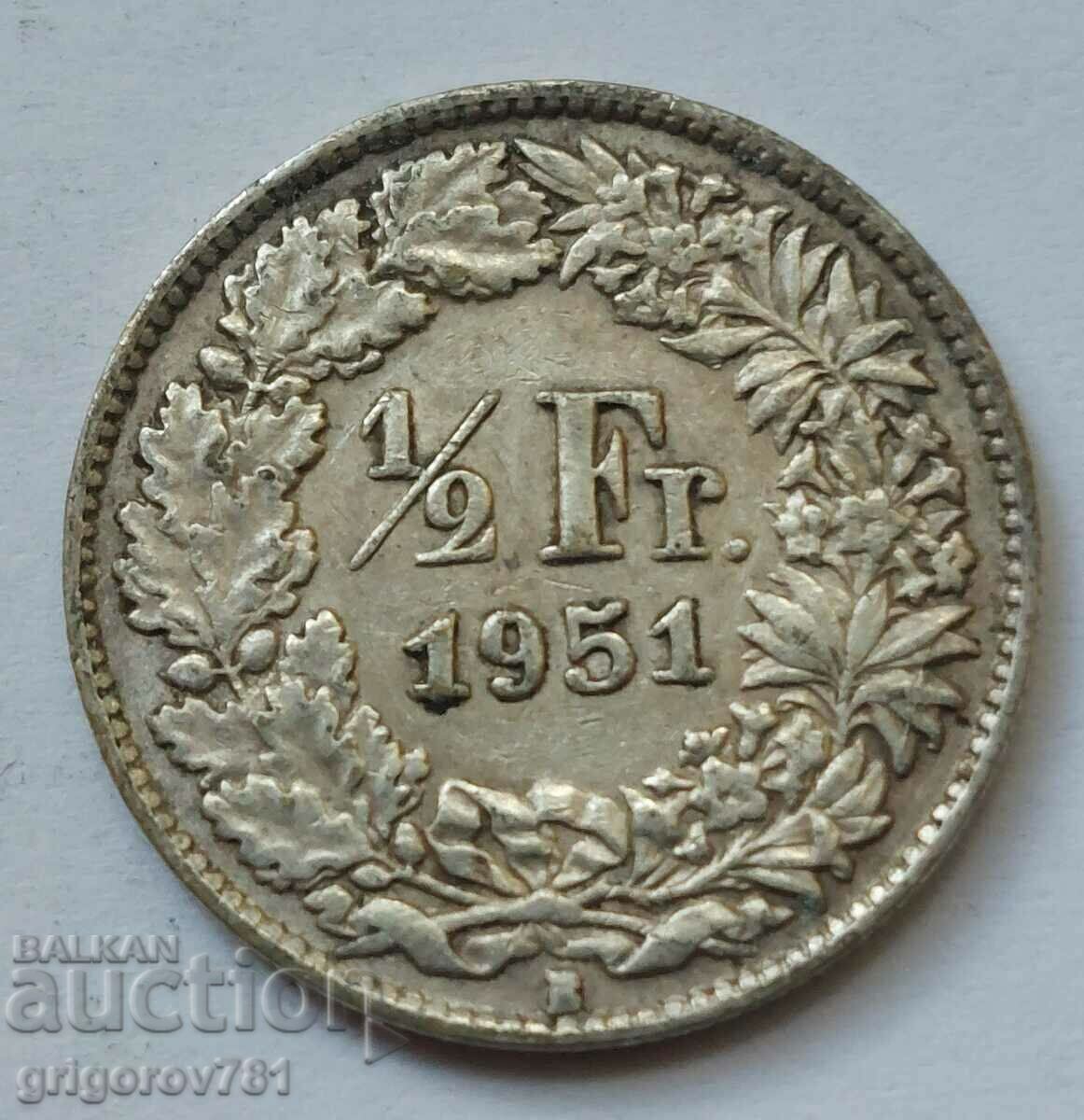 1/2 Franc Argint Elveția 1951 B - Monedă de argint #183
