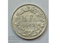1/2 Franc Silver Switzerland 1962 B - Silver Coin #186