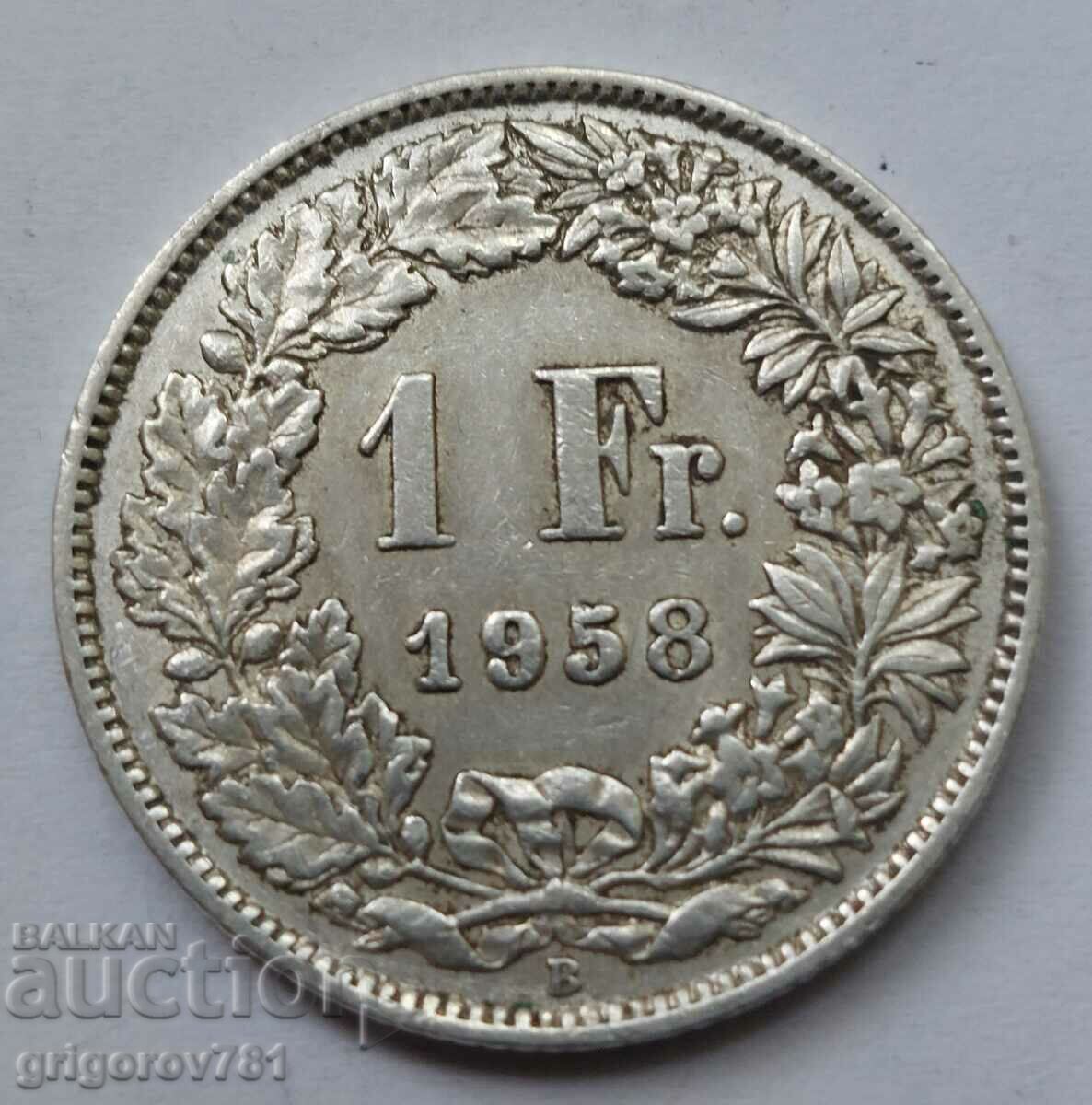 Ασημένιο 1 Φράγκο Ελβετία 1958 B - Ασημένιο νόμισμα #28