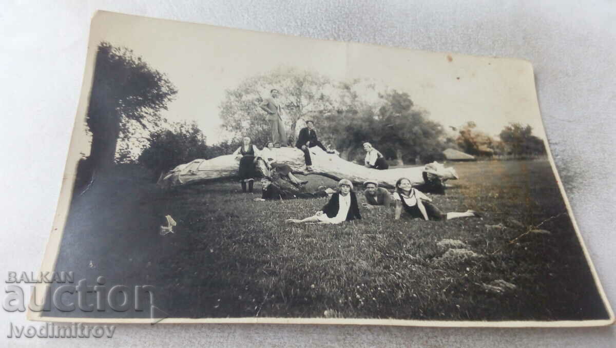 Φωτογραφία Νέοι άνδρες και γυναίκες δίπλα σε ένα πεσμένο δέντρο σε ένα λιβάδι