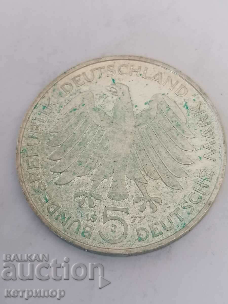 5 марки Германия 1977 г J сребърна.