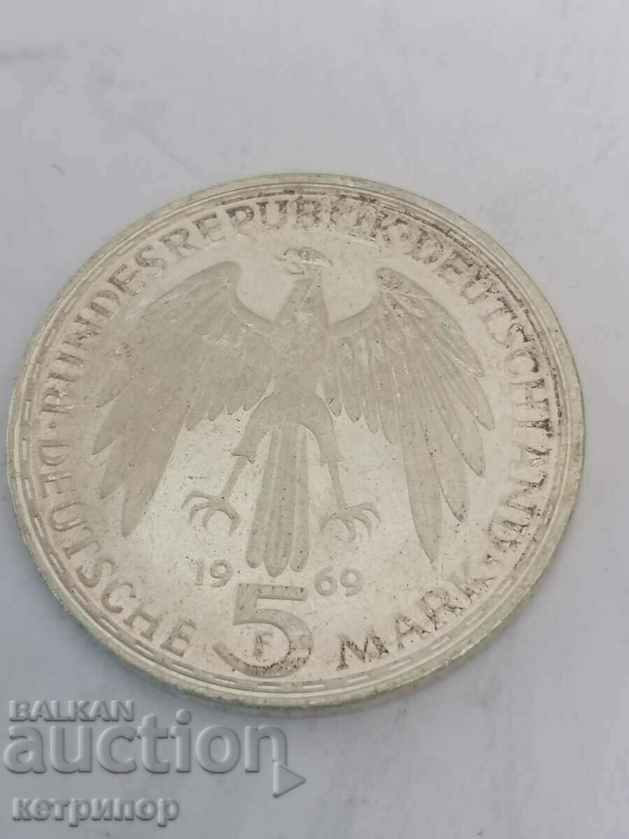 5 марки Германия 1969 г F сребърна.