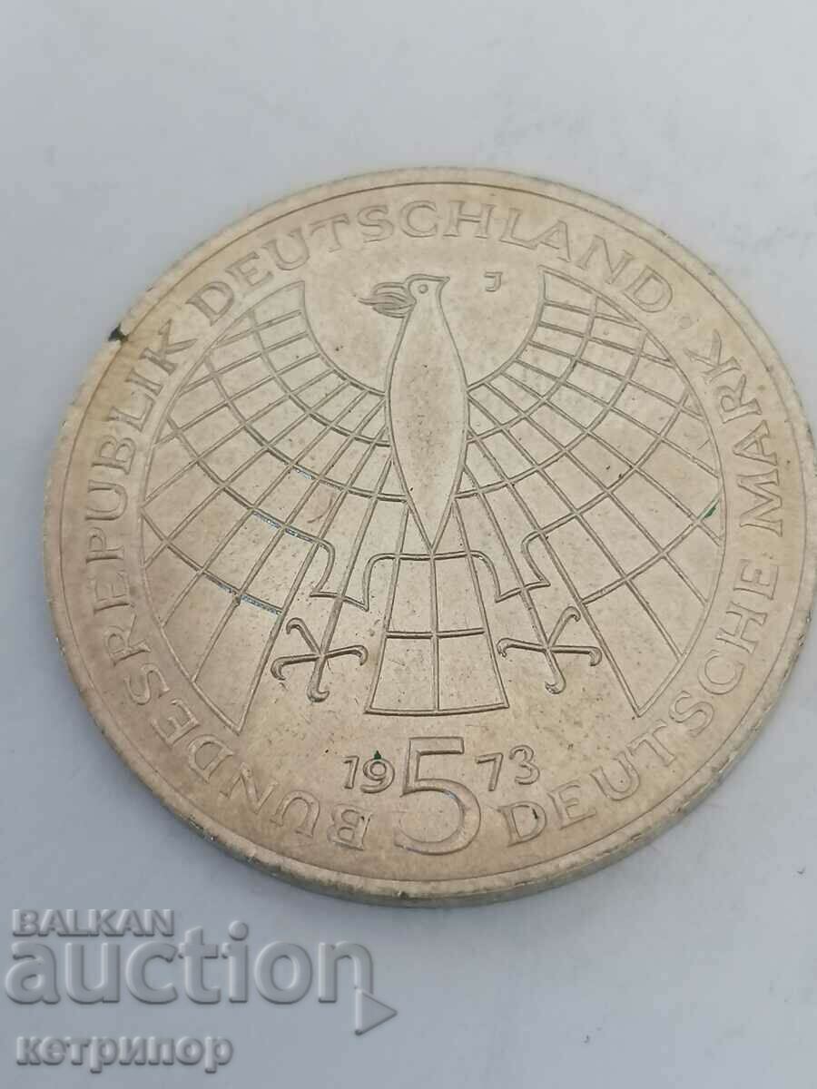 5 марки Германия 1973 г J сребърна.