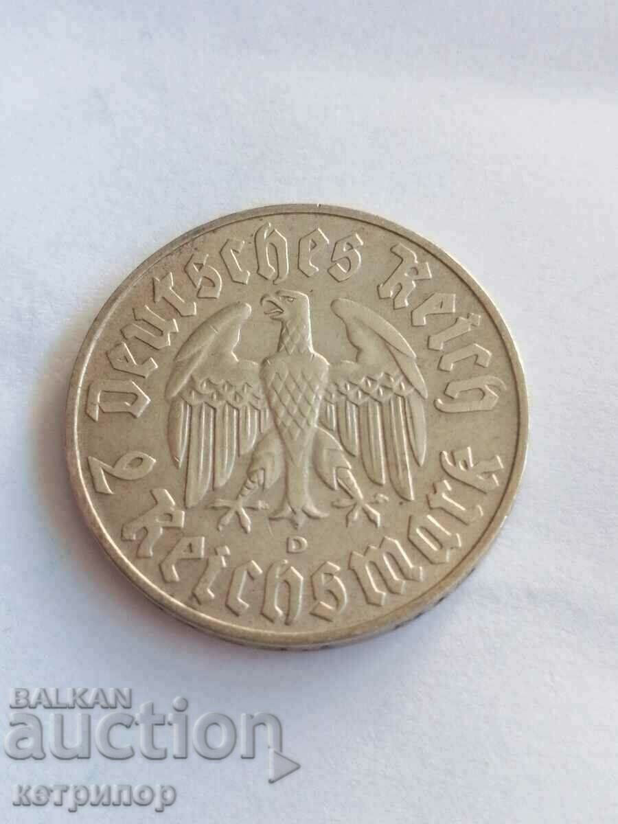 2 марки Германия 1933 г D сребърна. Мартин Лутър.