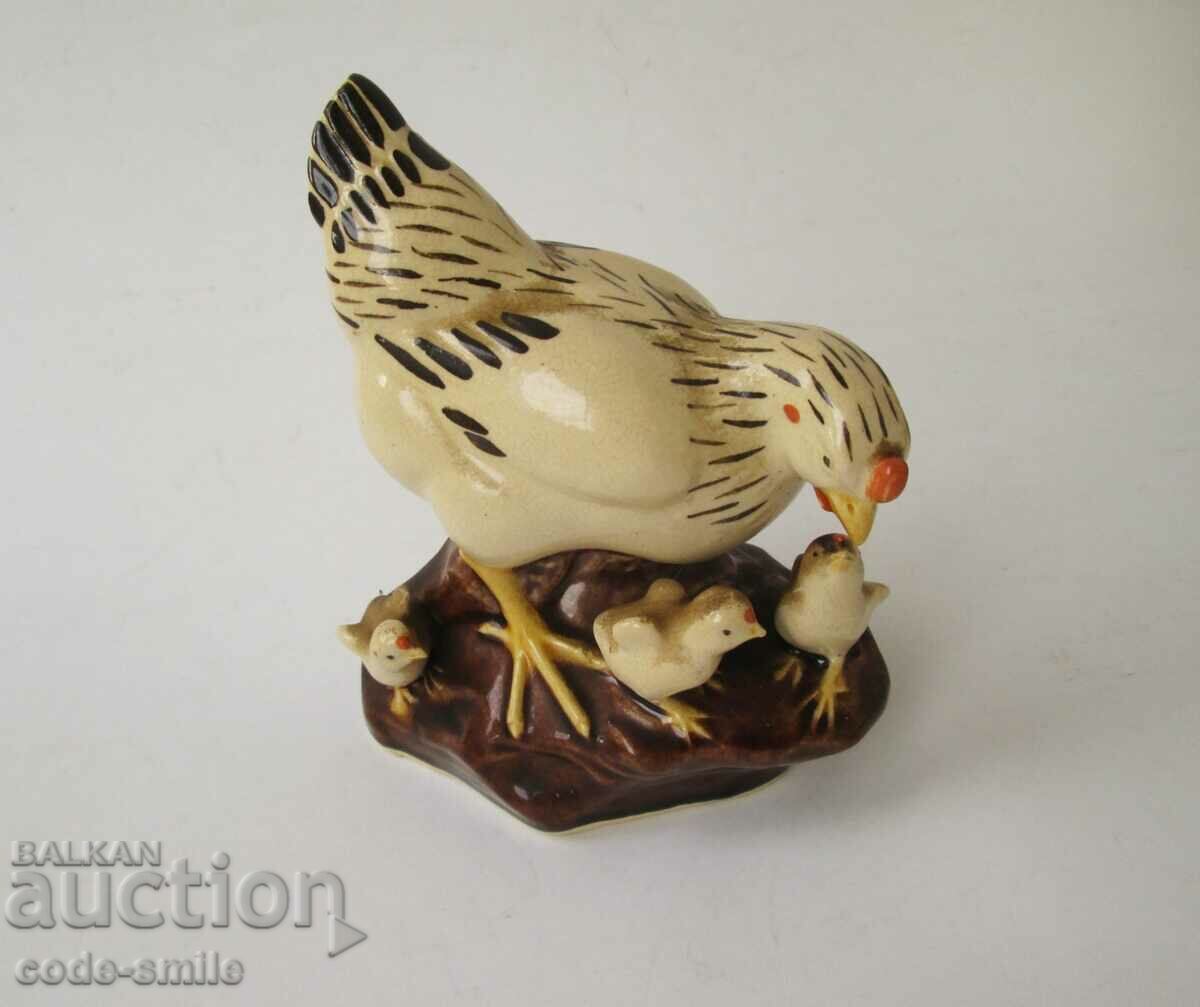 Old figure statuette composition hen with chicks terracotta