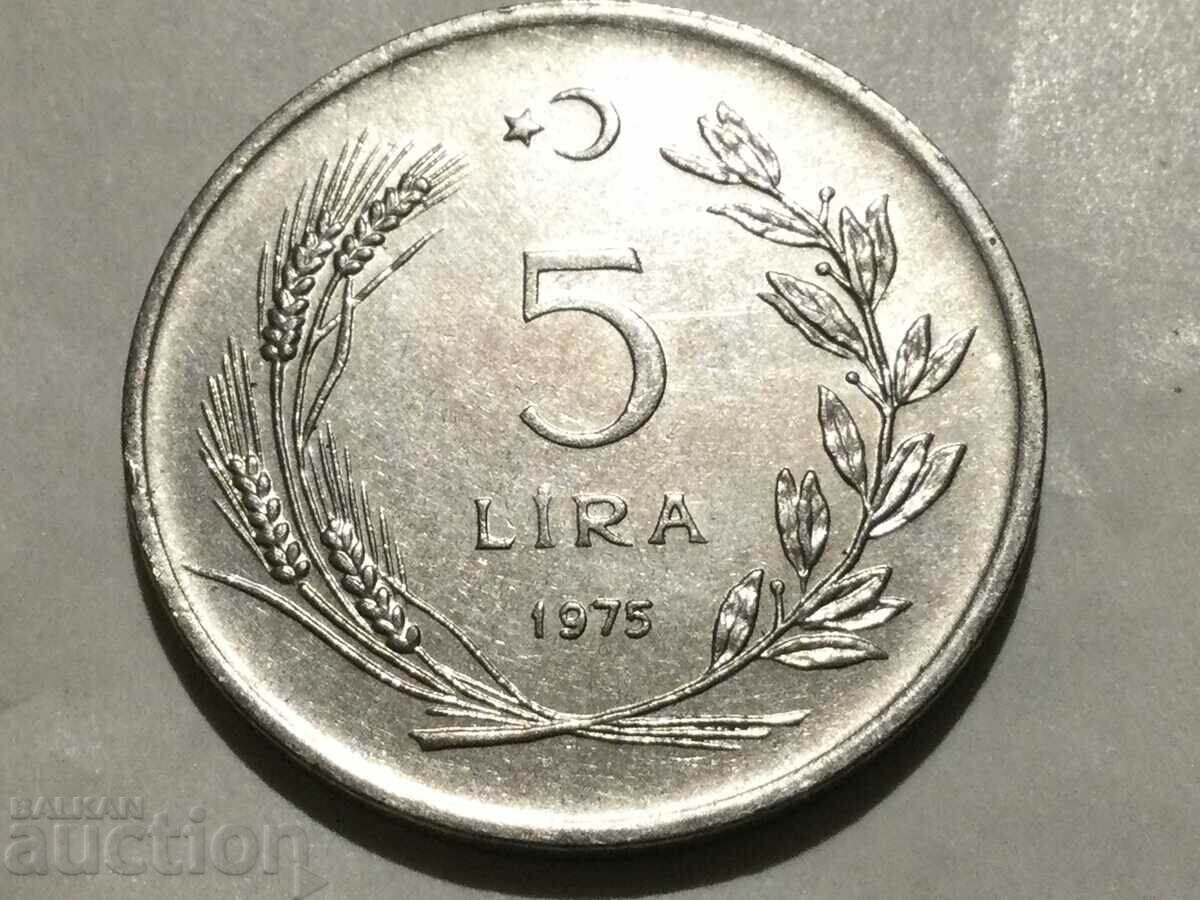 Турция 5 лири 1975 Кемал Ататюрк на кон монета голям формат