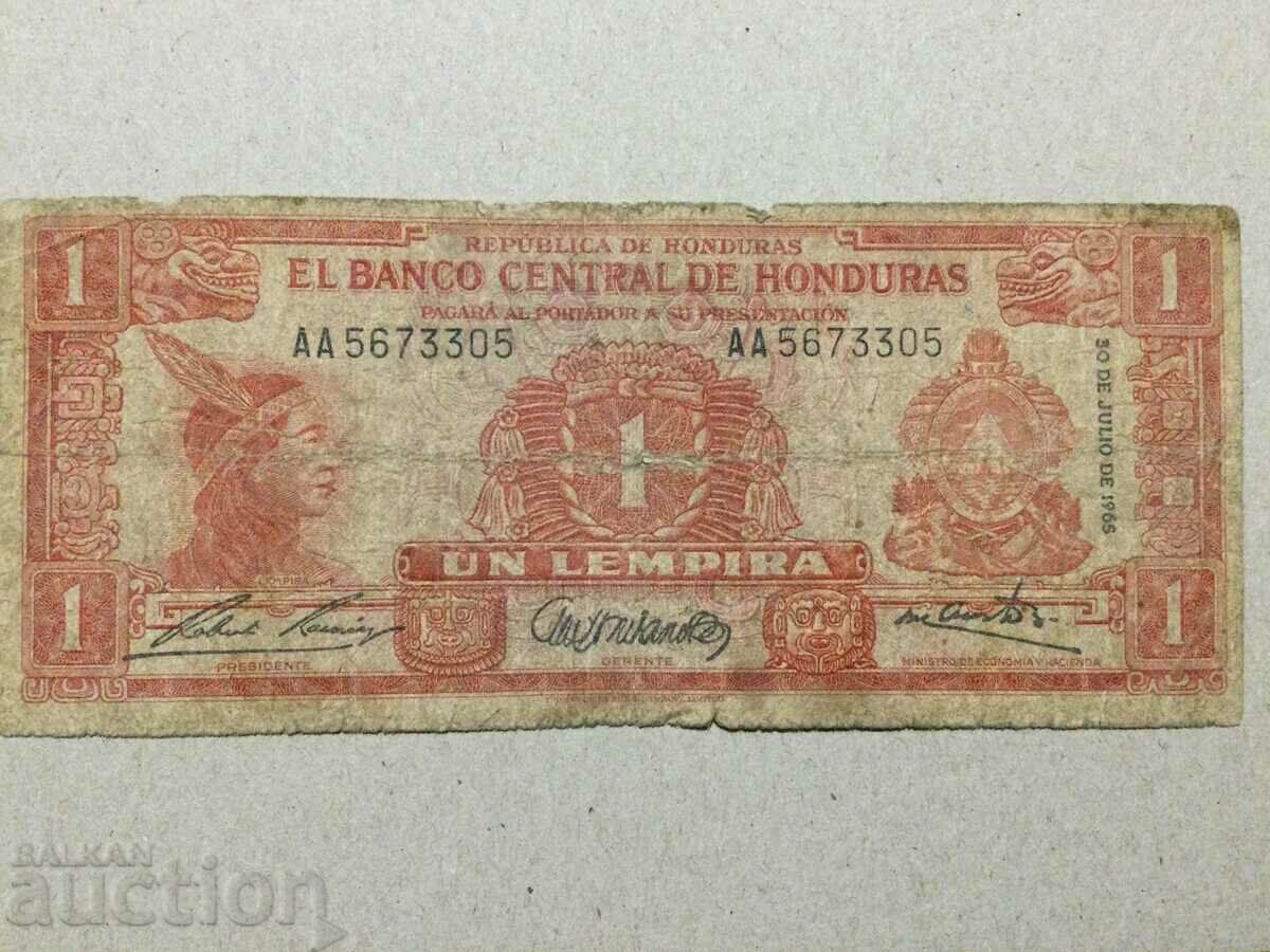 Хондурас 1 лемпира 1965 рядка банкнота и сериен номер
