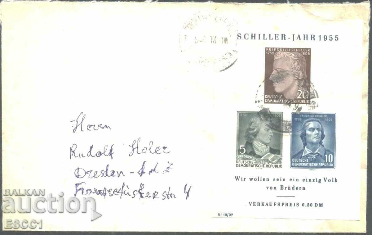 Traveled envelope with block Friedrich Schiller poet 1955 from Germany GDR