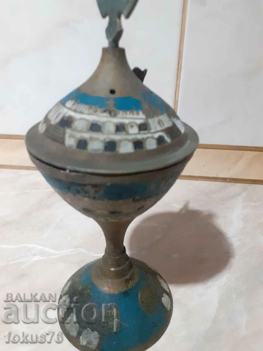 Auction  Old bronze candle censer with enamel