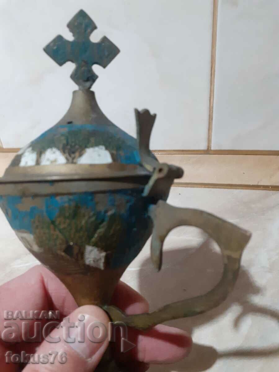 Old bronze candle censer with enamel - 5