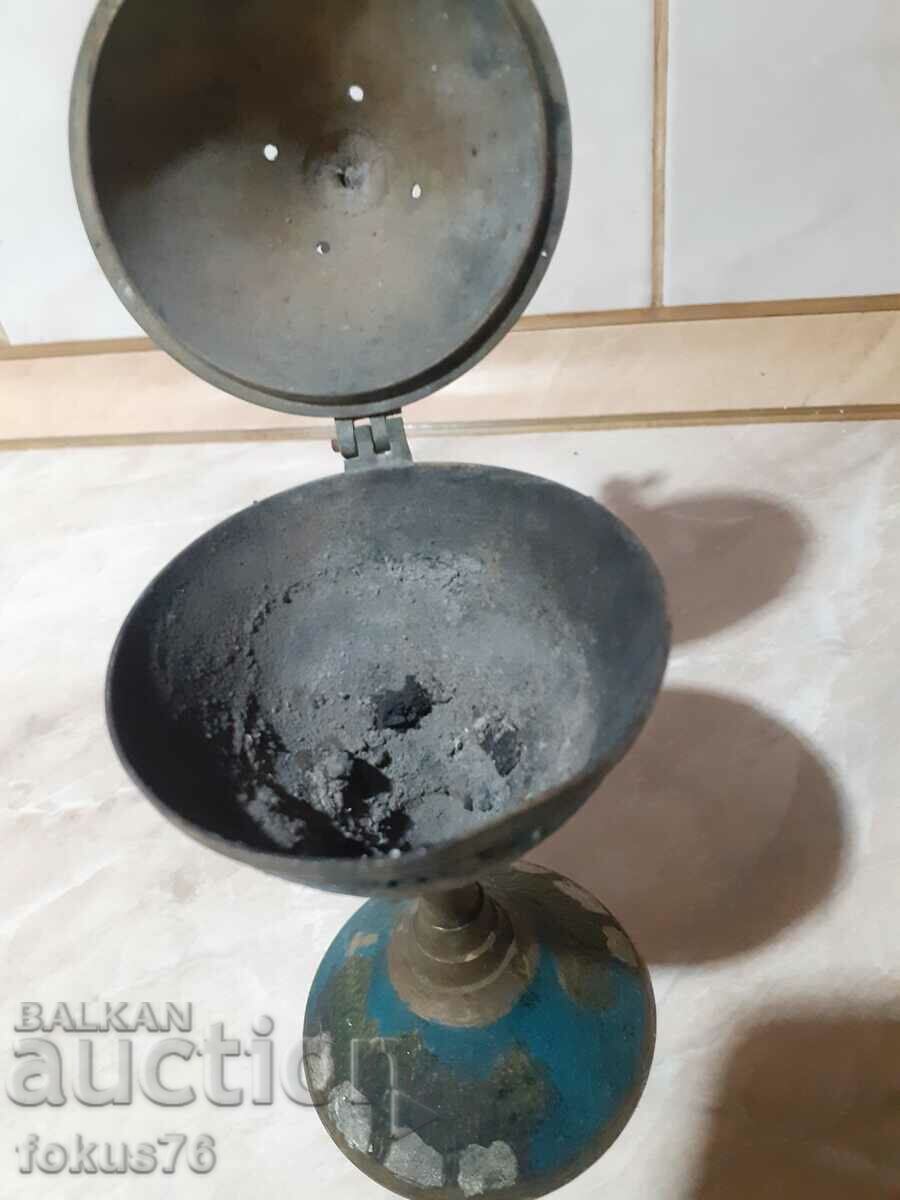 Old bronze candle censer with enamel - 6