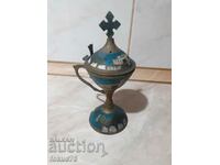 Old bronze candle censer with enamel