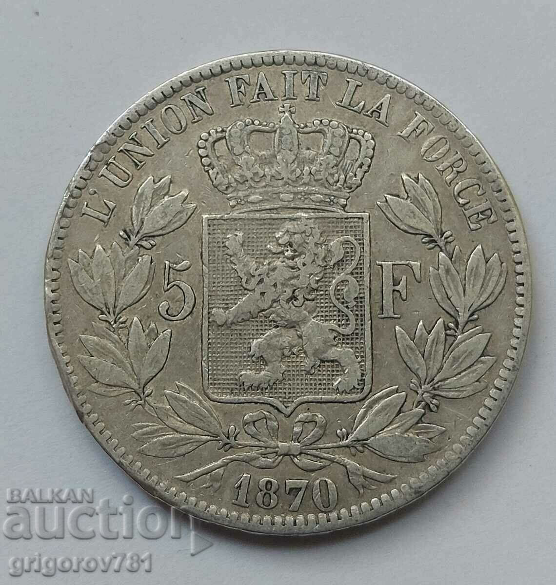 Moneda de argint Belgia 1870 de 5 franci #172 cu preț € 34.26 | 67.01 BGN