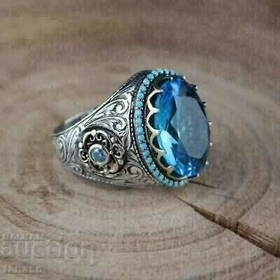 Men's ring with aquamarine and zircons