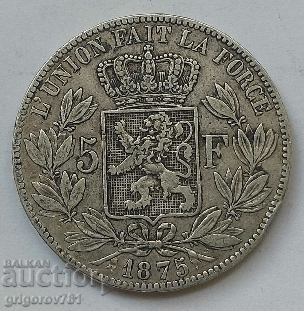 Ασημένιο 5 Φράγκα Βέλγιο 1875 Ασημένιο νόμισμα #183 με τιμή € 34.26 | 67.01 BGN