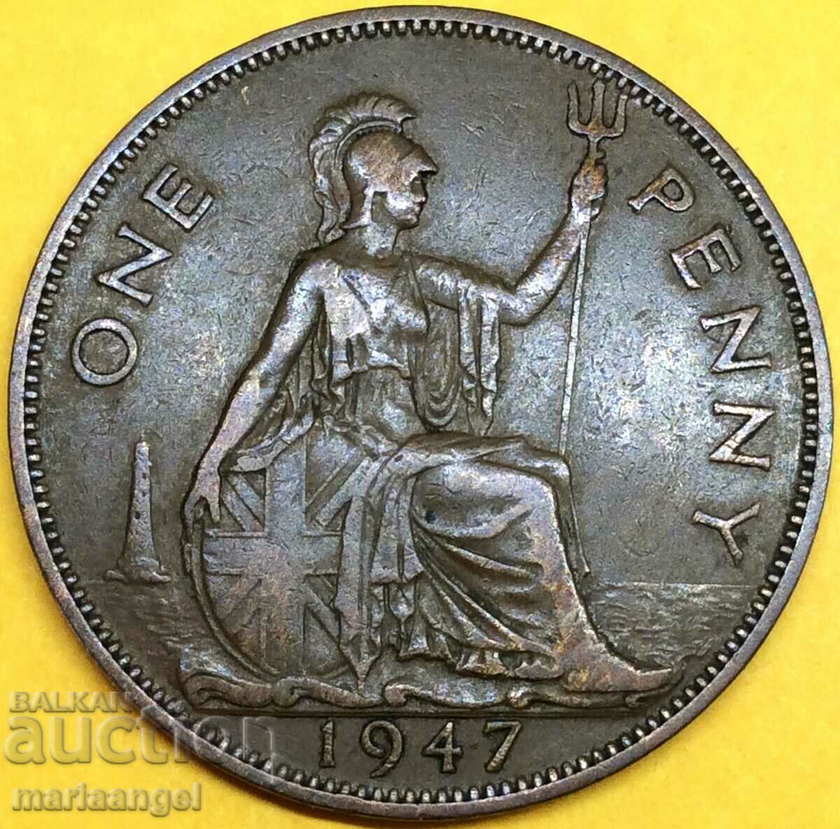 Великобритания 1 пени 1947 Джордж VI 30мм бронз