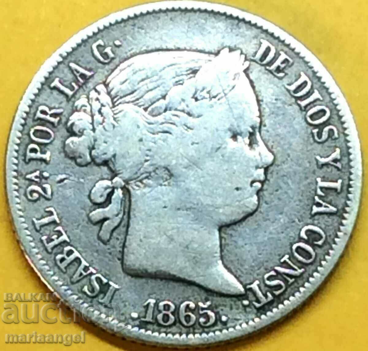 Spain 40 centimos 1865 Isabel II 23mm silver