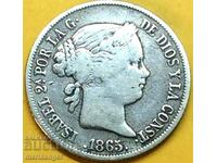 Spania 40 centimos 1865 Isabel II argint 23 mm