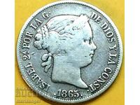 Spania 40 centimos 1865 Isabel II argint 23 mm