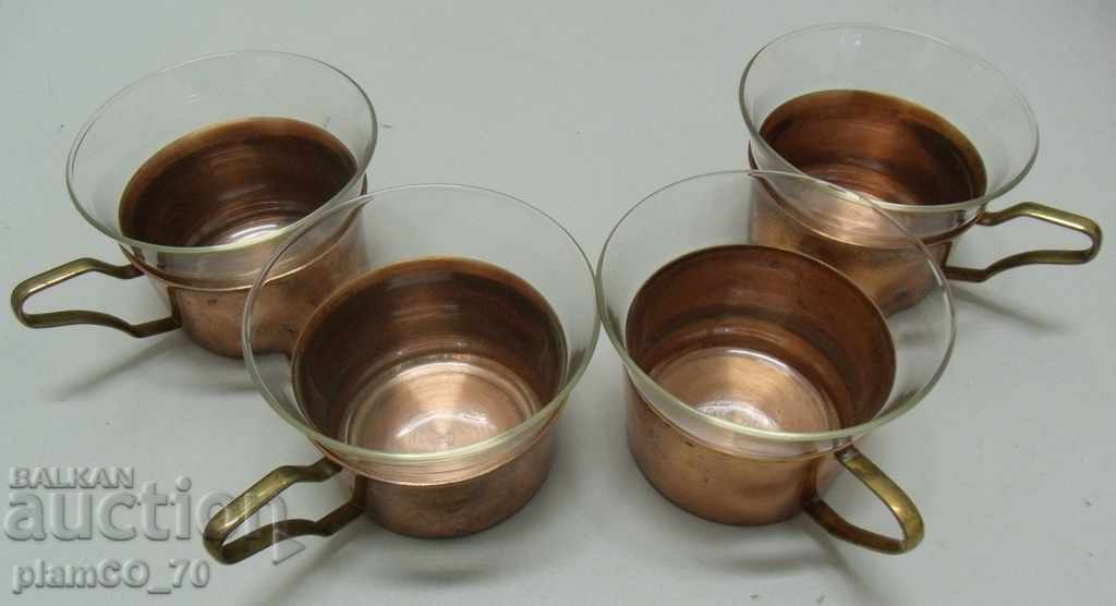 № * 5144 old glass cups with metal coasters - 4 pieces