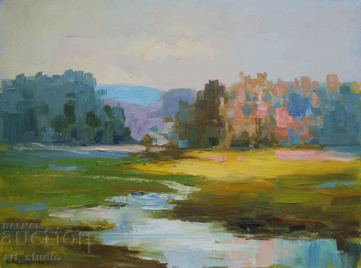 Landscape with river - oil paints