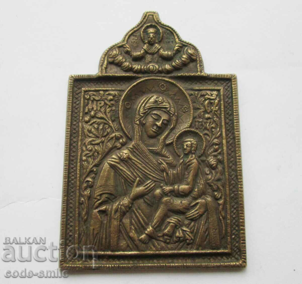 Icoana rusă veche de bronz Fecioara Maria cu Pruncul
