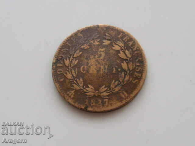 moneda rara colonii franceze 5 centimes 1827; colonii franceze