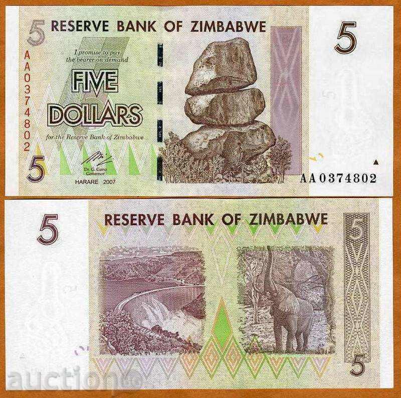 +++ ZIMBABWE 5 DOLARI P 66 2007 UNC +++
